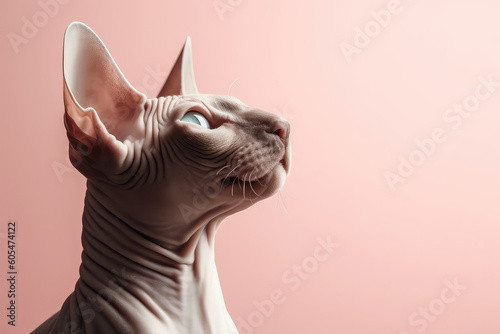 Portrait of sphinx cat looking up isolated on pink background with copy space. Template banner of pet store, pet products, veterinary clinic. Cute bald Egyptian cat. Generative AI photo imitation. © IndigoElf