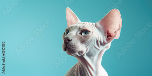 Portrait of small sphinx cat isolated on pastel blue background with copy space. Template banner of pet store, pet products, veterinary clinic. Cute bald Egyptian cat. Generative AI photo imitation. © IndigoElf