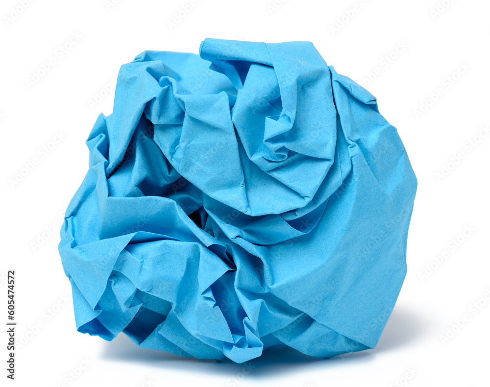 Blue crumpled ball of paper on a white isolated background