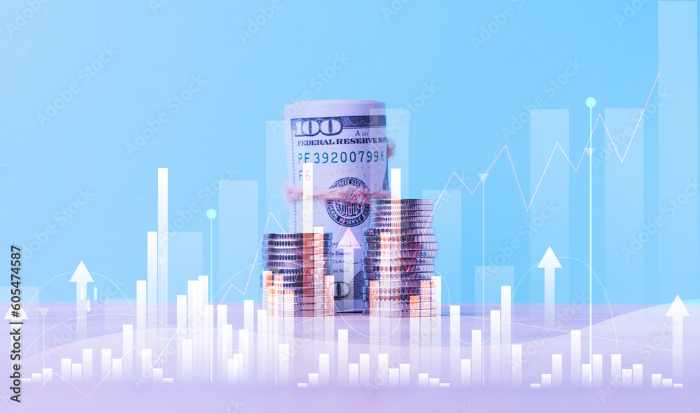 Fototapeta premium Roll of one hundred dollar bills tied with a rope and a graph with rising rates. Income growth concept, high margin