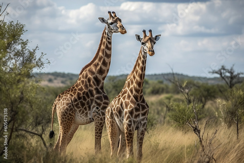 Safari giraffe standing in African savanna with trees