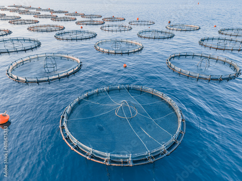 Photography Aerial footage of cages fish farm offshore sea