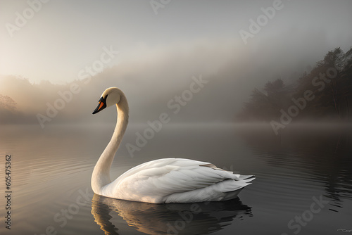 A beautiful swan on a lake with fog. Generative AI © Bogdan.Vision