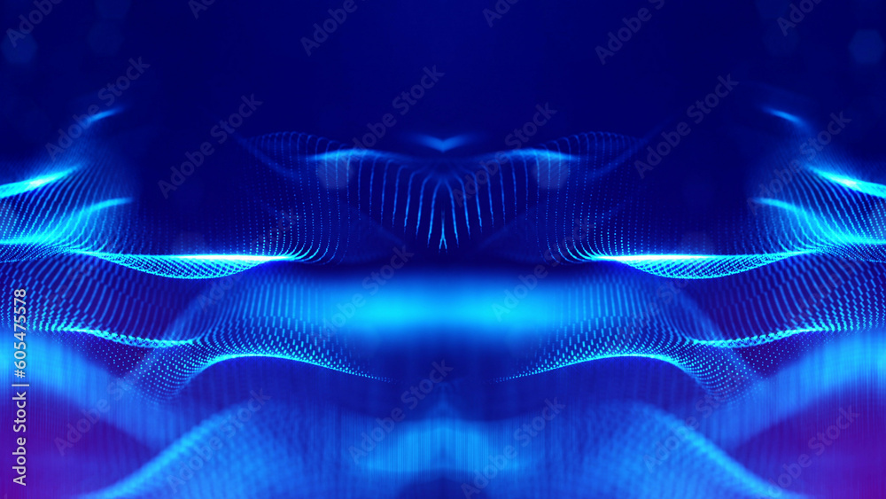 3d rendering background of microworld or sci-fi theme with glowing particles form curved lines, 3d surfaces, grid structures with depth of field, bokeh. Deep blue wave forms 3d rendering background of microworld or sci-fi theme with glowing particles form curved lines, 3d surfaces, grid structures with depth of field, bokeh. Deep blue wave forms