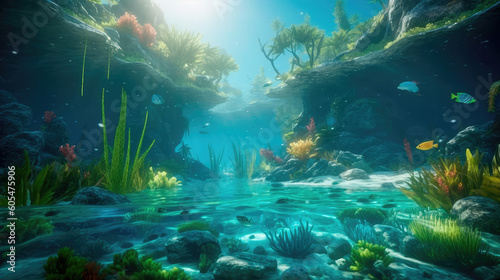 Under the water is a very detailed tide and a coral reef, above the water is a beautiful tropical island with large palm trees. Generative AI © keks20034