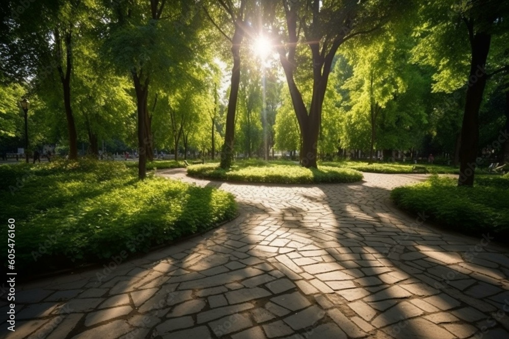 Sunny park with intersecting pedestrian paths in summer. Generative AI
