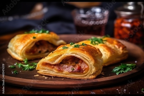 Puff pastry with roll sausage parsley Puff Food photography