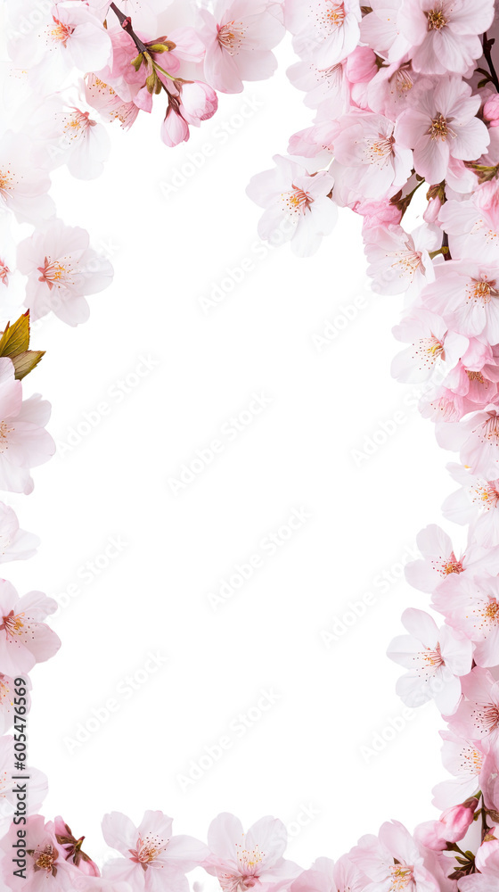 delicate cherry blossoms as a frame border, isolated with copyspace