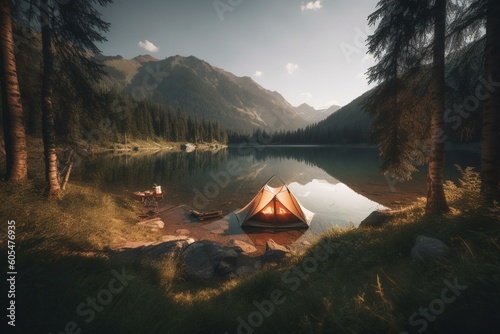 Summer camping scene with tent, campfire, trees, lake, and mountains. Generative AI