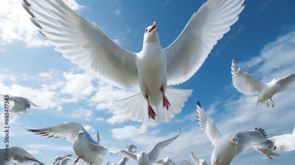 Obraz premium seagulls fly against the blue sky with clouds. Sea birds gracefully fly in the air. Generative AI