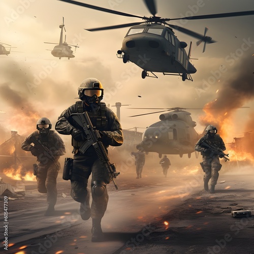 Generative AI illustration of armored soldiers walking into war with helicopters.