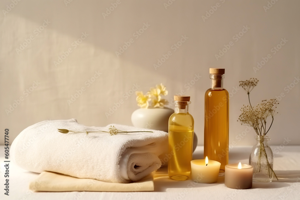 beauty treatment items for spa procedures, towel, burning candle  and essential oils. copy space. Generative AI