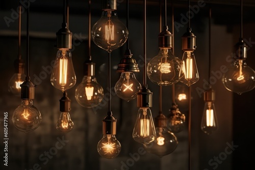 Decorative vintage Edison style incandescent light bulbs on a dark background in a loft style interior. Generative AI