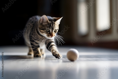 happy domestic kitten plays with a ball in the apartment on a light background. AI generated. the concept of cat food and healthy animals. toys for animals Generative AI