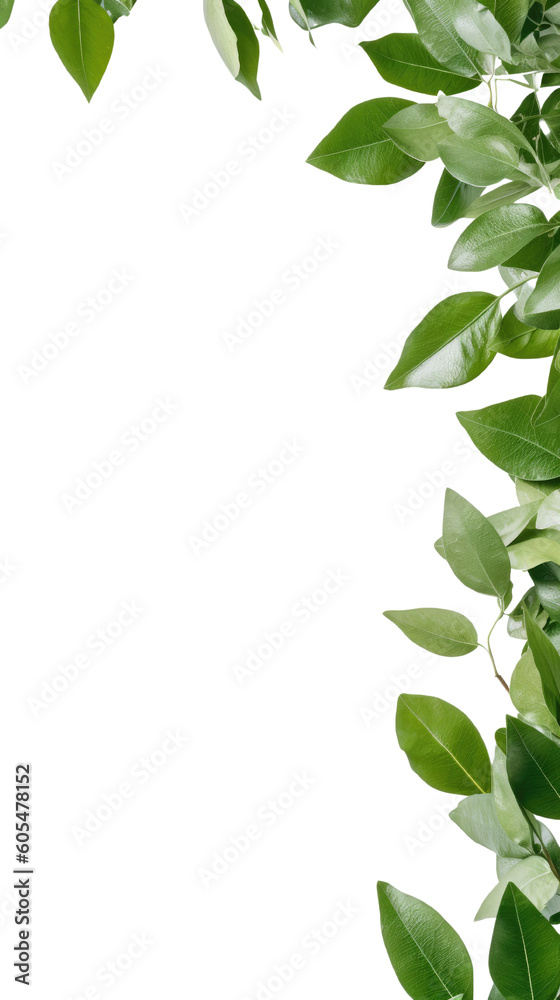 fresh leaves forming a corner frame with a large whit as a frame border, isolated with copyspace