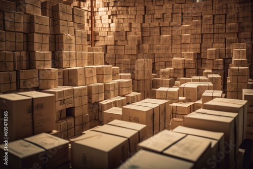 Stacks of cardboard boxes for trade, retail and transportation. Keywords: production, distribution, import, export, freight, logistics, warehousing, goods, products, business. Generative AI © George