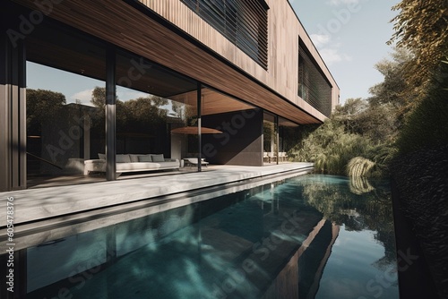 Sleek, high-end residence with pool formed by... Generative AI © Fraint
