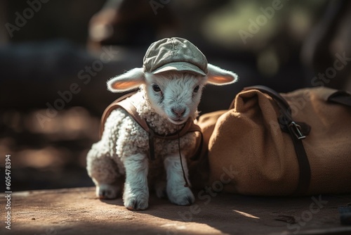 Adorable lamb wearing a hat and carrying a bag. Generative AI