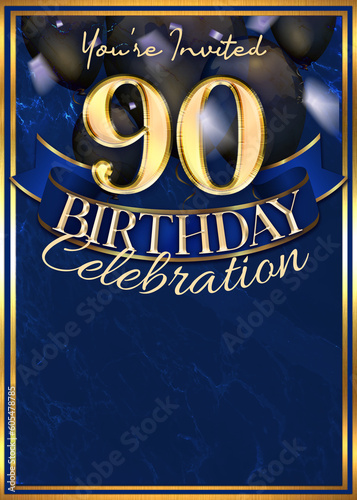 90th Birthday Party Invitation Template Blue Gold Design