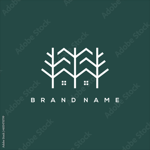 Line art pine tree house logo vector