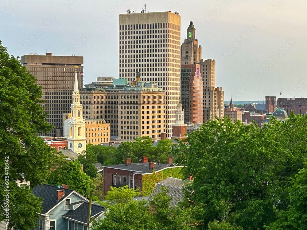 Prospect Terrace Park, College Hill Neighborhood, City of Providence, Rhode Island, RI USA, Downtown Skyline historic architecture  Sunset Industrial National Bank Superman Building 1 Financial Plaza