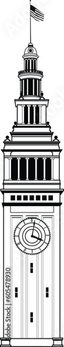 Ferry Building Clock Tower in San Francisco vector illustration black and white.