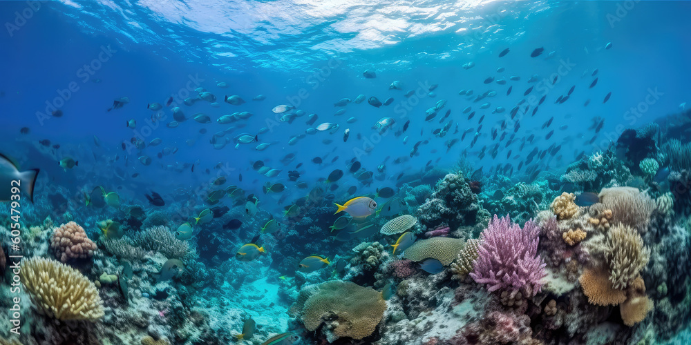 Fototapeta premium Group of colorful fish and sea animals with colorful coral underwater in ocean. Generative AI