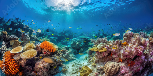 Wallpaper Mural Group of colorful fish and sea animals with colorful coral underwater in ocean. Generative AI Torontodigital.ca