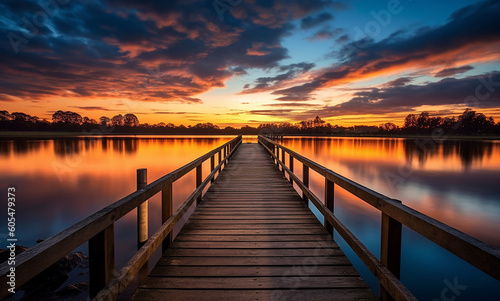 a dock on a lake during sunset, ai generative