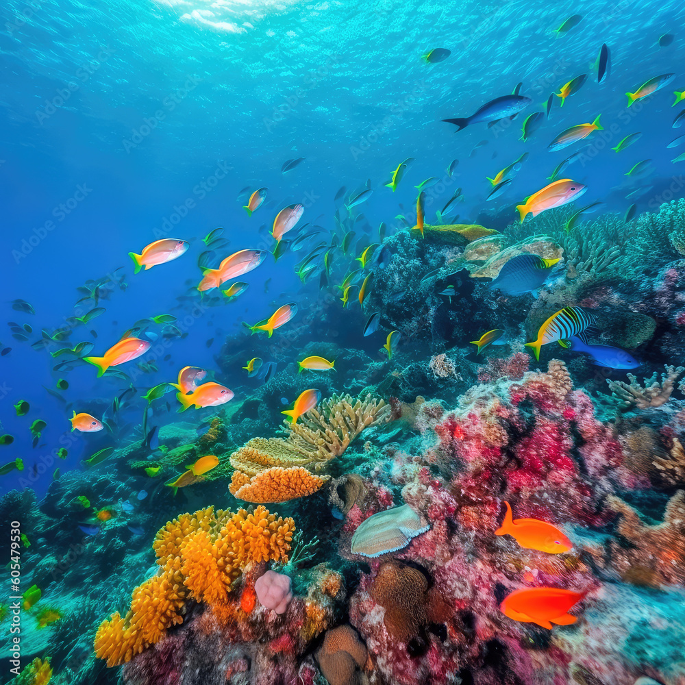 Group of colorful fish and sea animals with colorful coral underwater in ocean. Generative AI