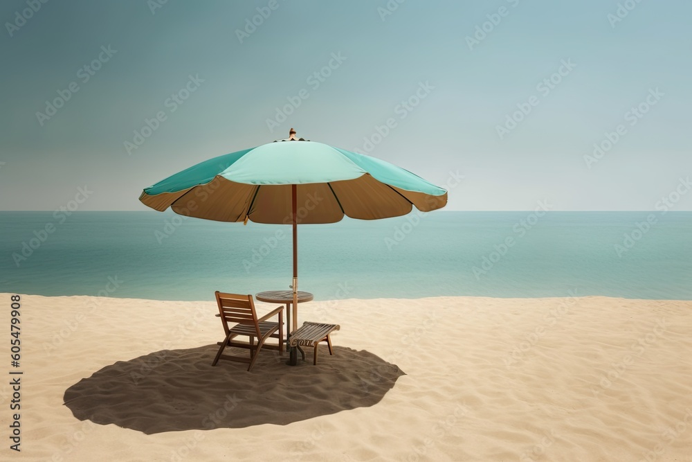 wooden sea table and umbrella on a sandy beach Generative AI
