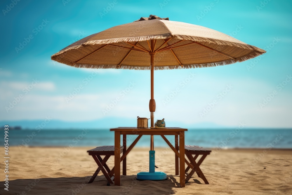 beautiful wooden table and umbrella on beach Generative AI