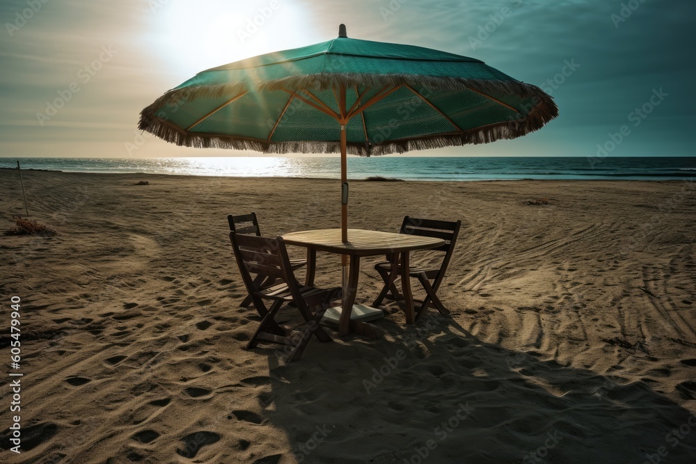 wooden sea table and umbrella on a sandy beach Generative AI wooden sea table and umbrella on a sandy beach Generative AI
