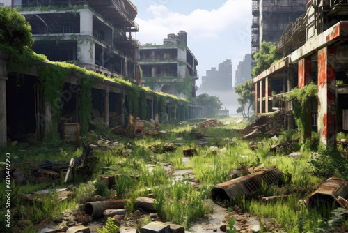 a post-apocalyptic wasteland with crumbling buildings and overgrown vegetation - Generative AI