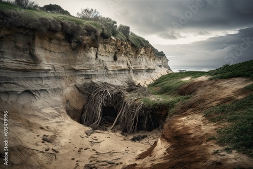 Soil erosion, coastal cliff with visible signs of erosion, exposed roots of trees and sections of land crumbling away. Ecology. AI Generative