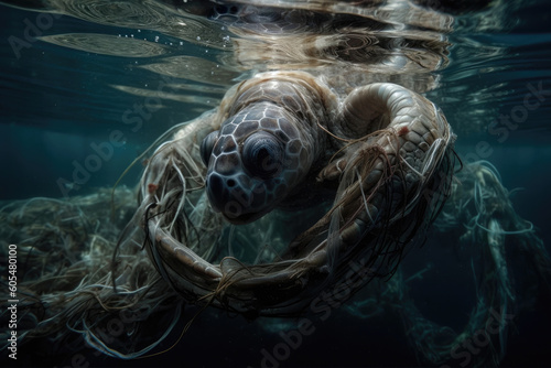 Plastic Ocean Waste Pollution - A Menace to Sea Turtles and Sea Life Ecosystems - Generative AI

