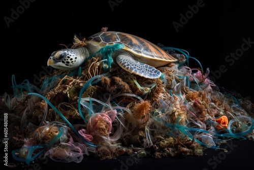 Plastic Ocean Waste Pollution - Sea Turtle Caught In Fishing Net - Save Sea Turtles, Our Seas and Protect Marine Life - Generative AI

