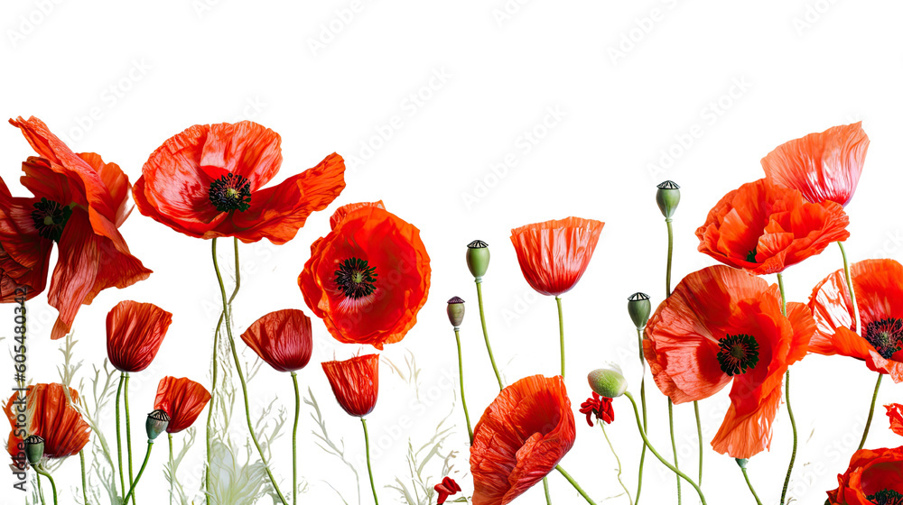 vibrant poppies as a frame border, isolated with copyspace