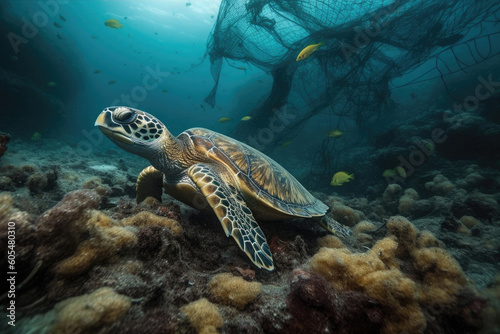 Plastic Ocean Waste Pollution - Fighting the Battle Against Plastic for Clean and Healthy Oceans - Sea Turtle - Generative AI  