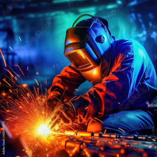 The welder is dressed in appropriate protective equipment for welding, performs the process of welding metal, producing numerous sparks. Generative AI © keks20034