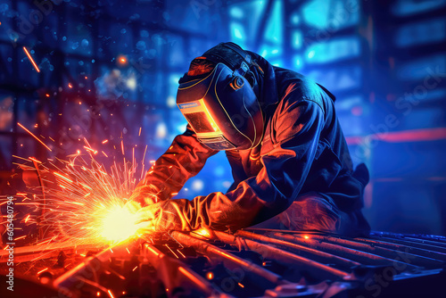 Fotografering The welder is dressed in appropriate protective equipment for welding, performs the process of welding metal, producing numerous sparks