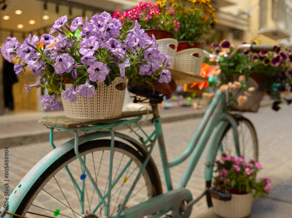 An old bicycle equipped with potted flowers adorns the street of a Greek resort town, Greece, Crete, Rethymno