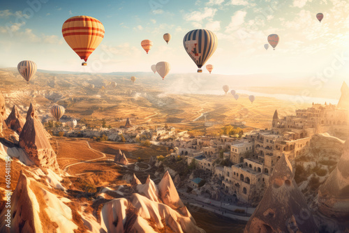 A panoramic shot of the ethereal landscape of Cappadocia  Turkey  with its fairy chimneys and hot air balloons floating in the sky
