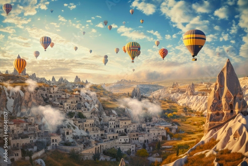 A panoramic shot of the ethereal landscape of Cappadocia, Turkey, with its fairy chimneys and hot air balloons floating in the sky
