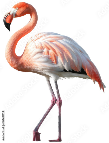 Close up of a walking pink flamingo isolated on a white background as transparent PNG, generative AI animal
