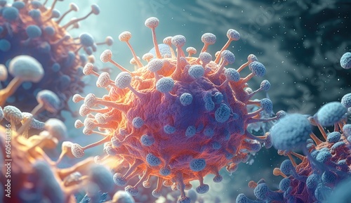 Macro coronavirus(covid-19) cell delta plus variant.BA.5,BA.2.75,BA.4(omicron covid).COVID 19 Delta plus variant Sars ncov 2.Mutated coronavirus SARS-CoV-2 flu disease pandemic Generative AI