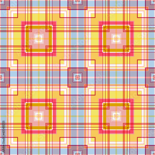 Checkered pattern of yellow and pink squares, blue background. Seamless print, bright summer texture.