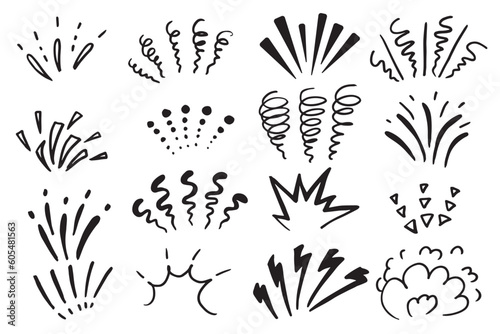 Line doodle sparkle, sun shine and sunburst rays, vector bursts and hand drawn starburst. Doodle line explosion circles and spark elements of sunshine light, fireworks or cartoon confetti splatter