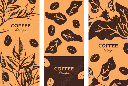 Coffee flyer design set. Vector drawing coffee tree, coffee grains, coffee tones. Flyer, poster, banner template. Design elements.