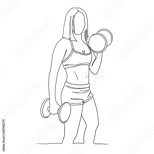 Athletic woman doing fitness workout with dumbbells vector outline. Hand drawn linear illustration of young girl exercising with dumbbells. Sports minimalistic contour drawing.